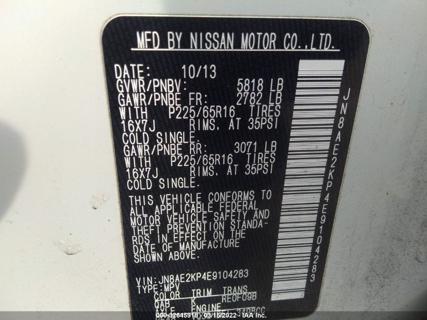 2014 NISSAN QUEST SV JN8AE2KP4E9104283