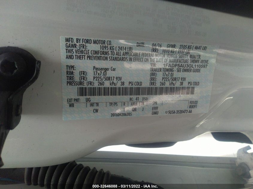 2016 FORD C-MAX HYBRID SE 1FADP5AU3GL110597