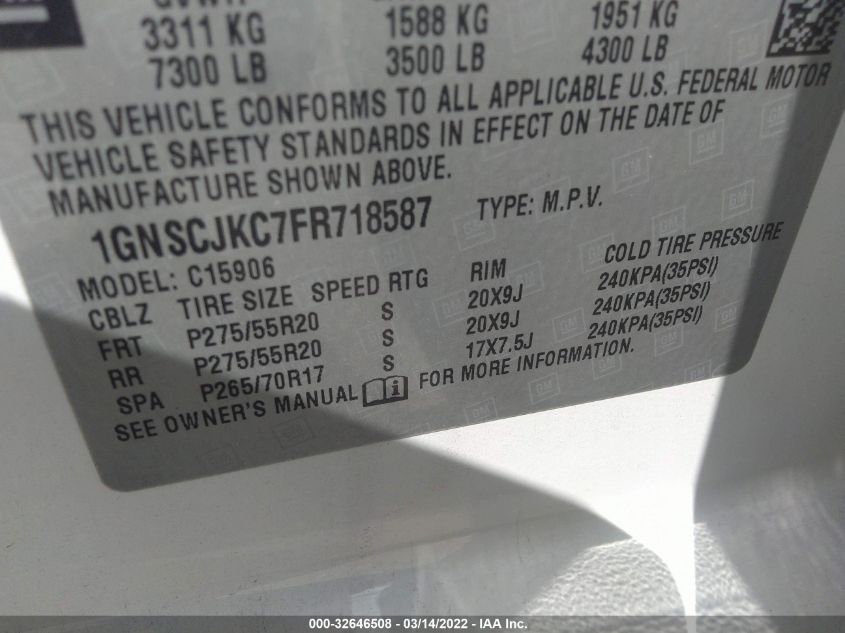 2015 CHEVROLET SUBURBAN LT 1GNSCJKC7FR718587