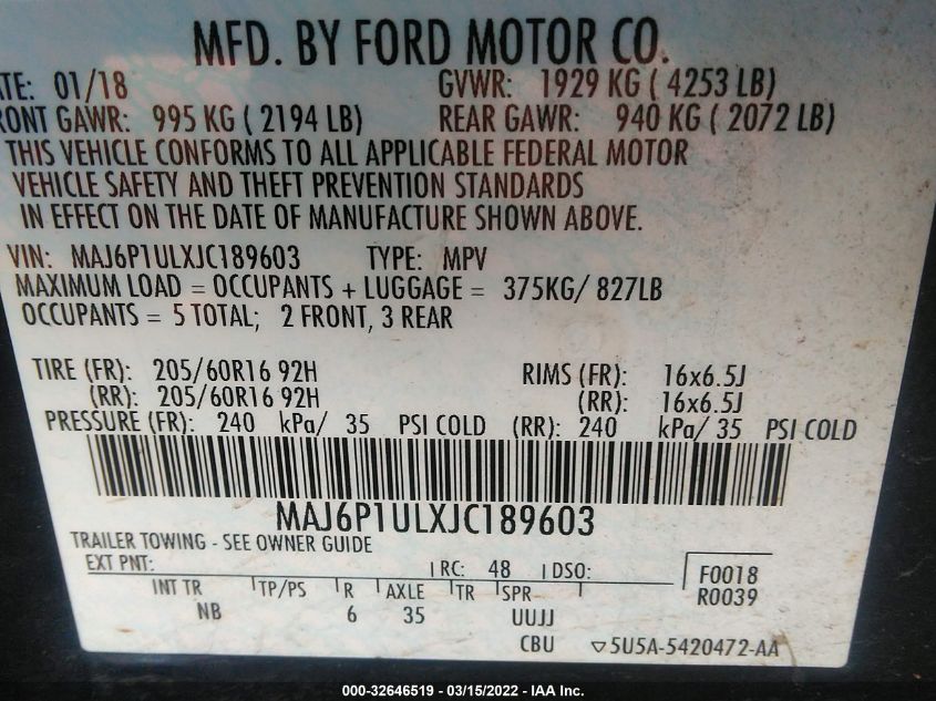 2018 FORD ECOSPORT SE MAJ6P1ULXJC189603