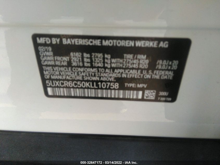 Auction sale of the 2019 BMW X5 , vin: 5UXCR6C50KLL10758, lot number: 32647172