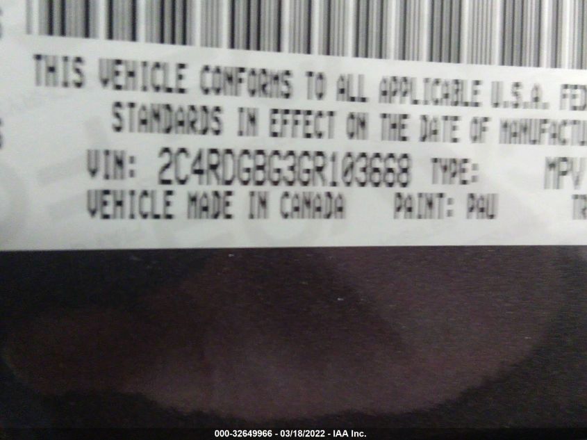 2016 DODGE GRAND CARAVAN SE PLUS 2C4RDGBG3GR103668