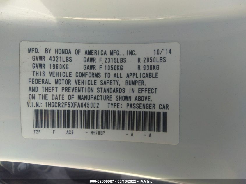 2015 HONDA ACCORD SEDAN SPORT 1HGCR2F5XFA045002