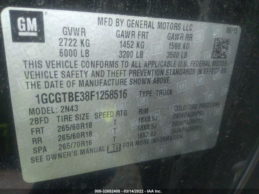 2015 CHEVROLET COLORADO 4WD LT 1GCGTBE38F1258516