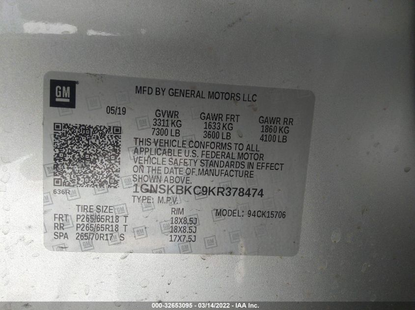 2019 CHEVROLET TAHOE LT 1GNSKBKC9KR378474