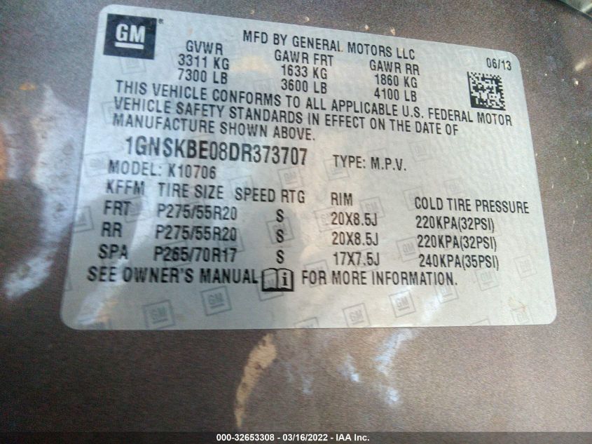 2013 CHEVROLET TAHOE LT 1GNSKBE08DR373707