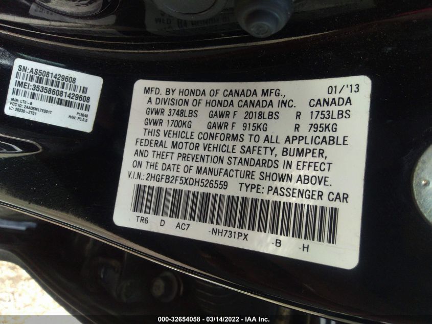 2013 HONDA CIVIC SDN LX 2HGFB2F5XDH526559