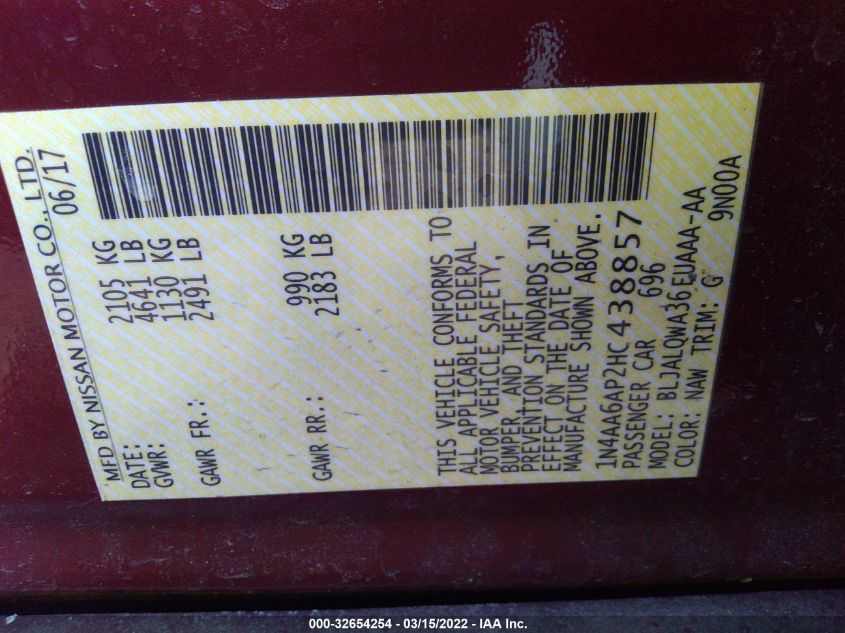 2017 NISSAN MAXIMA S 1N4AA6AP2HC438857