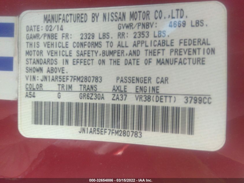 2015 NISSAN GT-R BLACK EDITION JN1AR5EF7FM280783