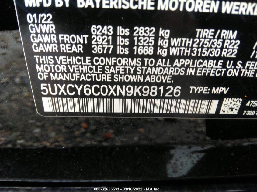2022 BMW X6 XDRIVE40I 5UXCY6C0XN9K98126