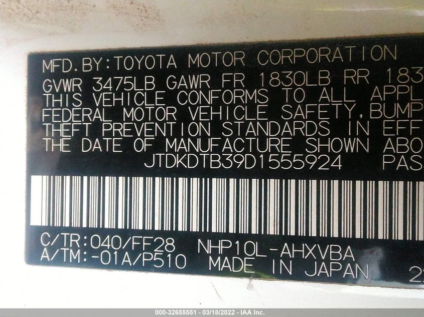 2013 TOYOTA PRIUS C ONE/TWO/THREE/FOUR JTDKDTB39D1555924