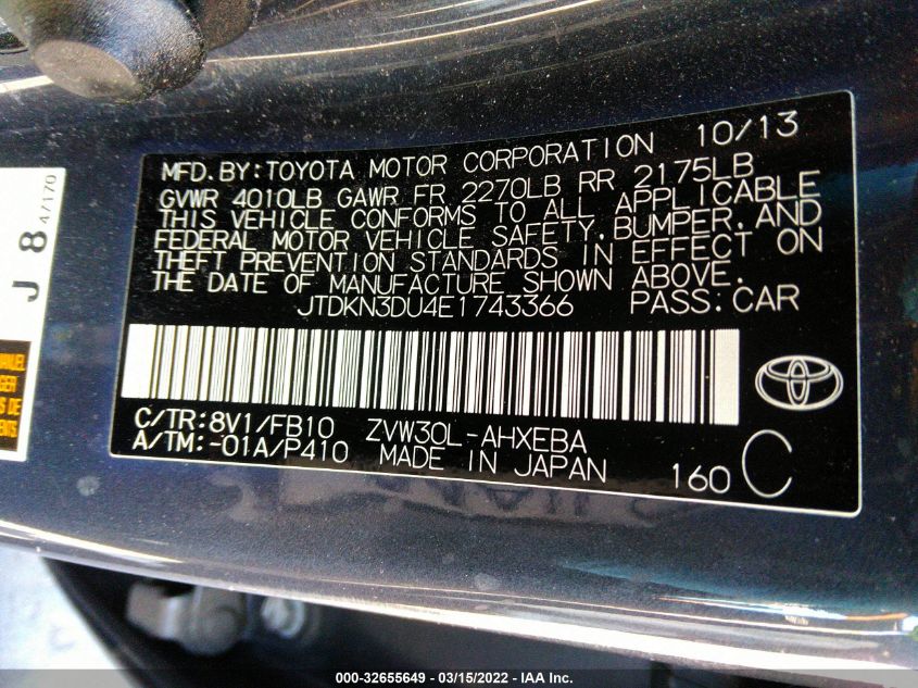 2014 TOYOTA PRIUS FOUR/FIVE/THREE/ONE/TWO JTDKN3DU4E1743366