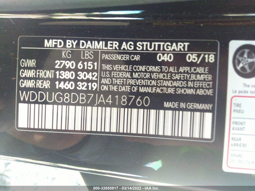 2018 MERCEDES-BENZ S CLASS VIN: WDDUG8DB7JA418760