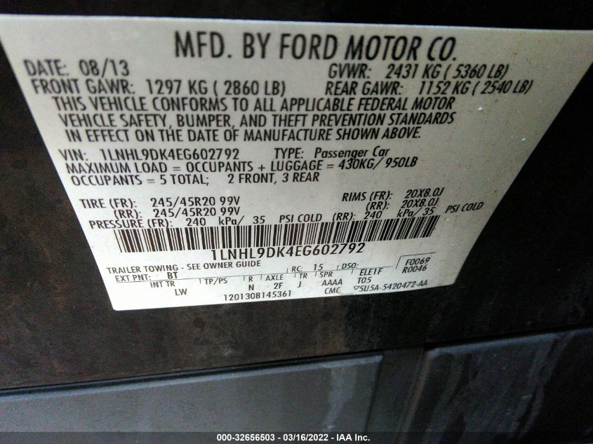 2014 LINCOLN MKS 1LNHL9DK4EG602792