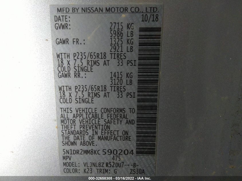 2019 NISSAN PATHFINDER S 5N1DR2MM8KC590204
