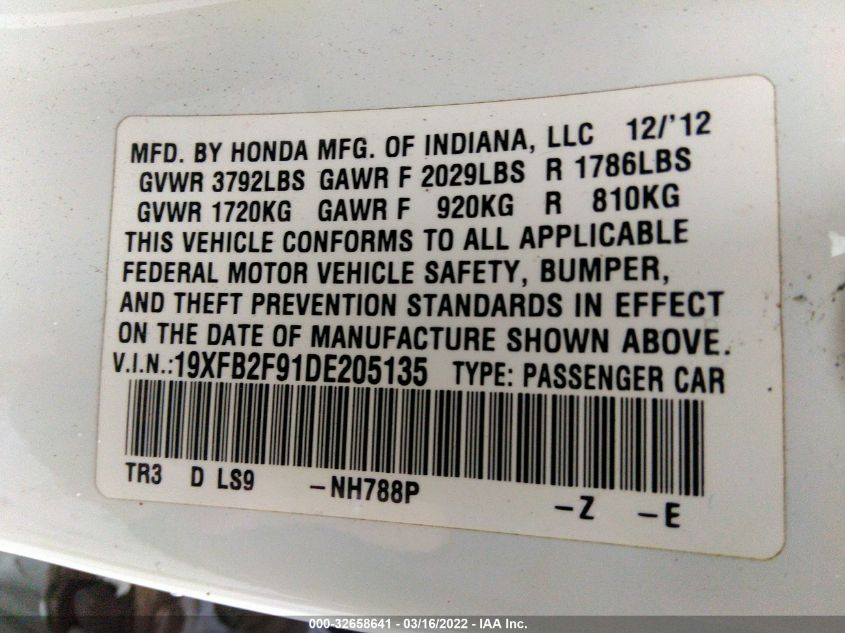 2013 HONDA CIVIC SDN EX-L 19XFB2F91DE205135