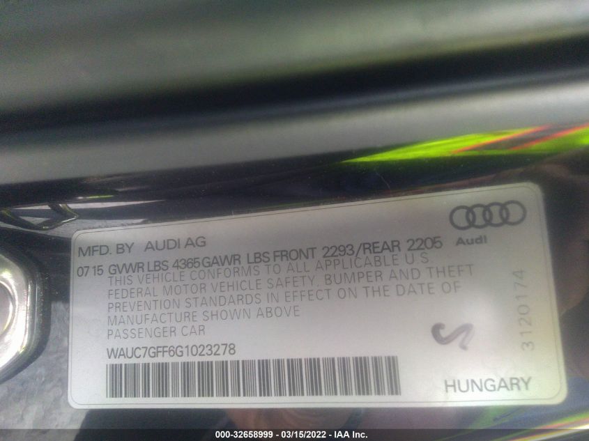 2016 AUDI A3 1.8T PREMIUM PLUS WAUC7GFF6G1023278