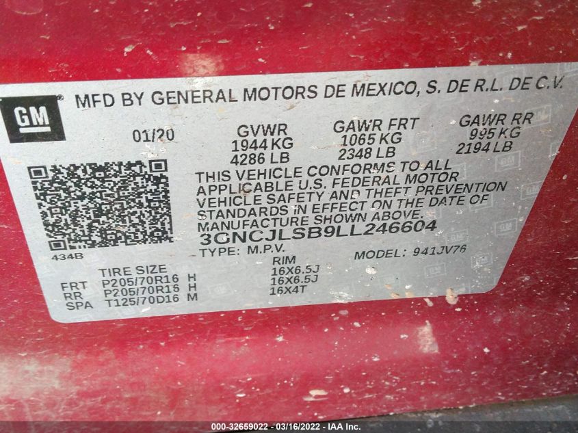 2020 CHEVROLET TRAX LT 3GNCJLSB9LL246604