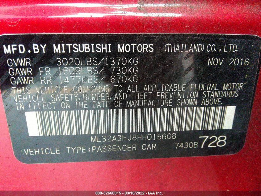 2017 MITSUBISHI MIRAGE ES ML32A3HJ8HH015608