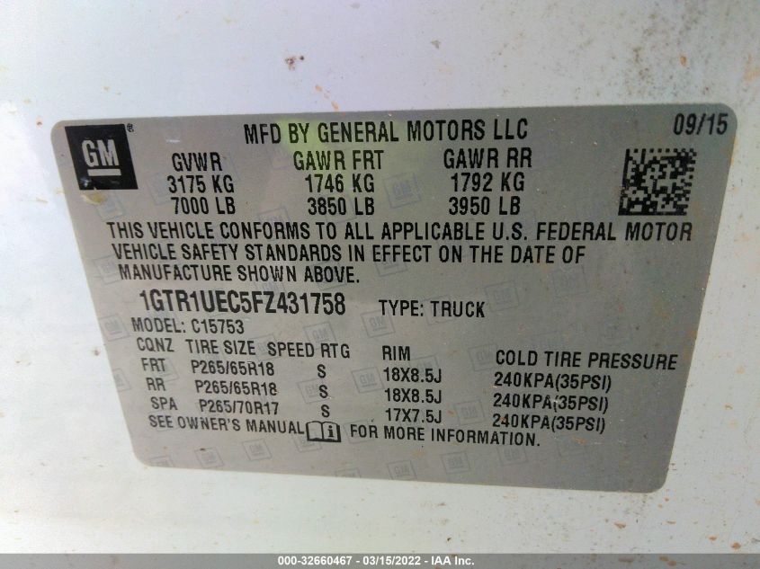 2015 GMC SIERRA 1500 SLE 1GTR1UEC5FZ431758