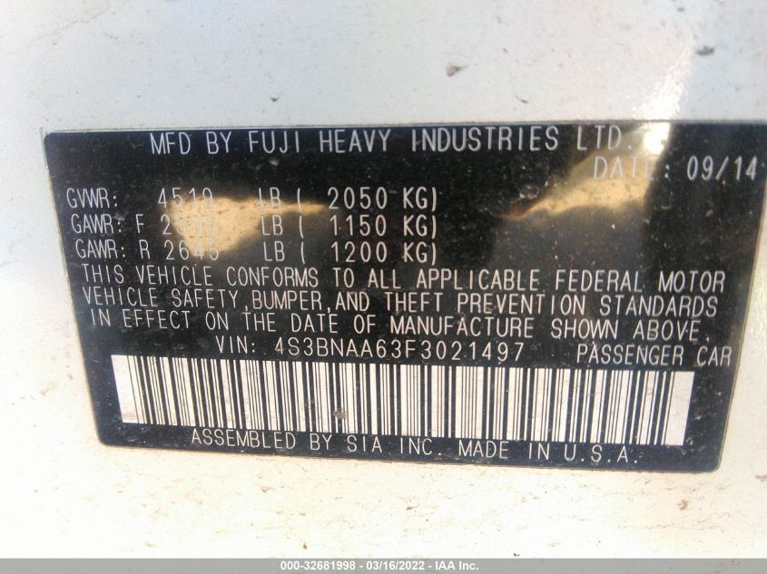 2015 SUBARU LEGACY 2.5I 4S3BNAA63F3021497