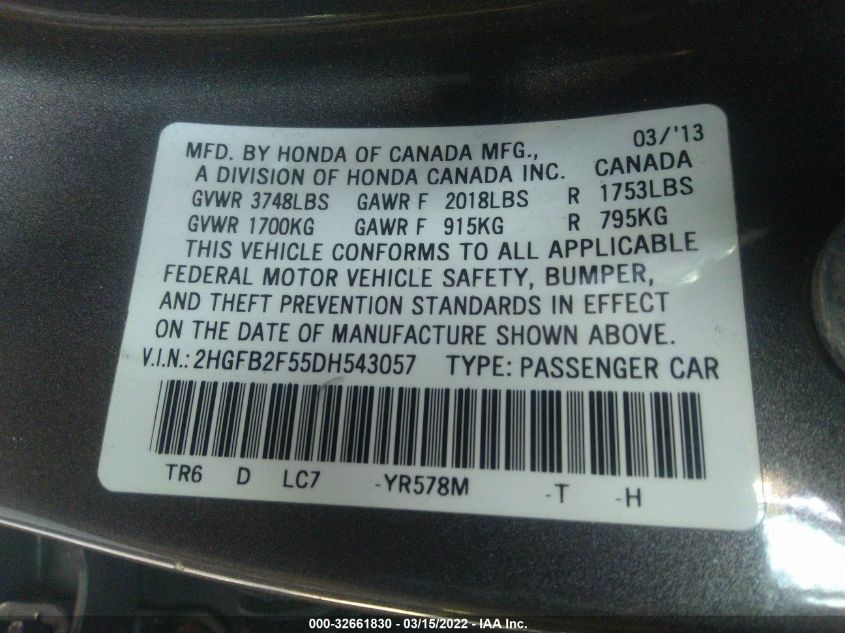 2013 HONDA CIVIC SDN LX 2HGFB2F55DH543057