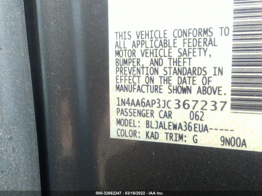 2018 NISSAN MAXIMA SL 1N4AA6AP3JC367237