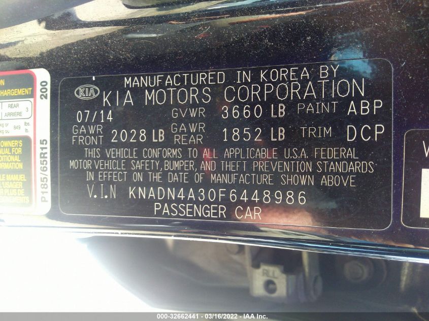 2015 KIA RIO EX KNADN4A30F6448986