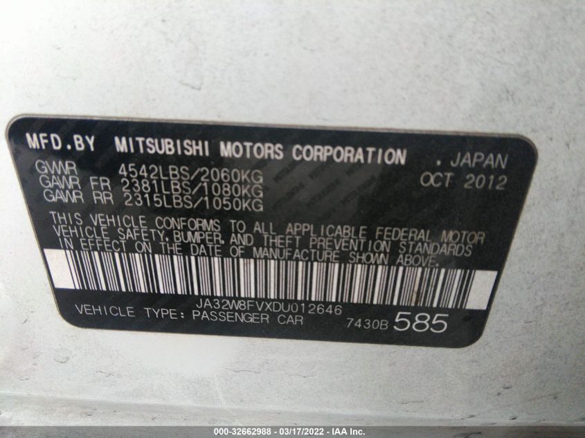 2013 MITSUBISHI LANCER EVOLUTION GSR JA32W8FVXDU012646
