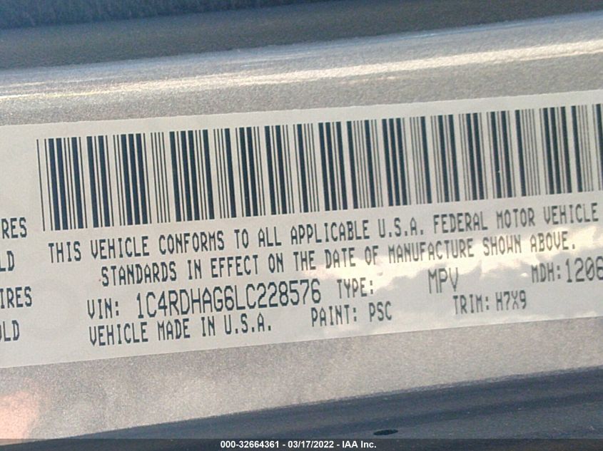 2020 DODGE DURANGO SXT 1C4RDHAG6LC228576