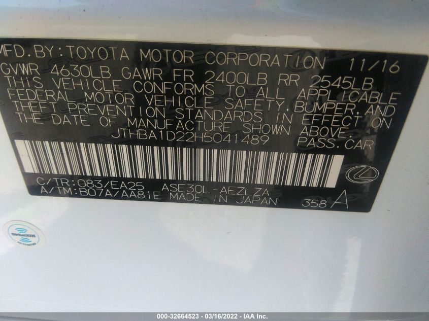 Auction sale of the 2017 LEXUS IS , vin: JTHBA1D22H5041489, lot number: 32664523
