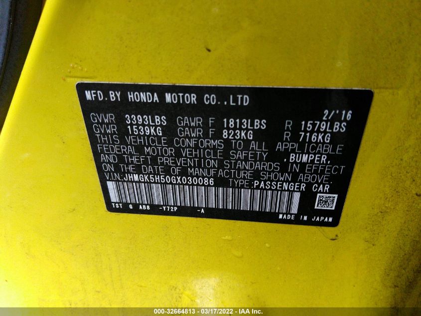 2016 HONDA FIT LX JHMGK5H50GX030086