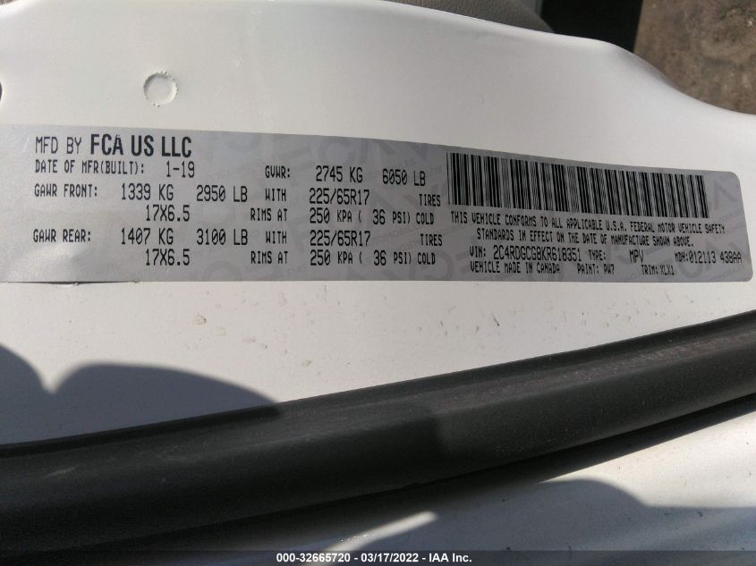 2019 DODGE GRAND CARAVAN SXT 2C4RDGCG8KR618351