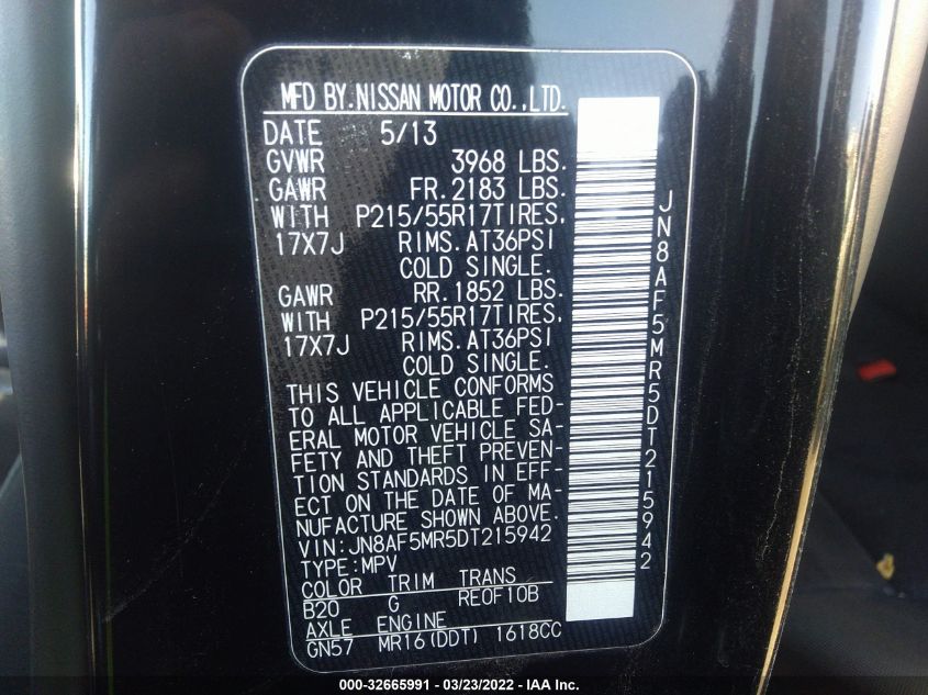 2013 NISSAN JUKE SV JN8AF5MR5DT215942