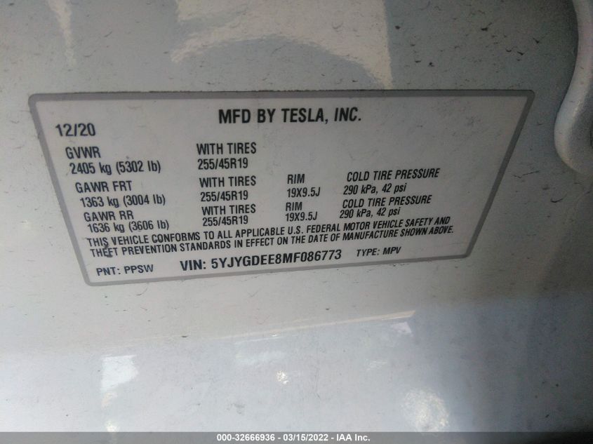 2021 TESLA MODEL Y LONG RANGE 5YJYGDEE8MF086773