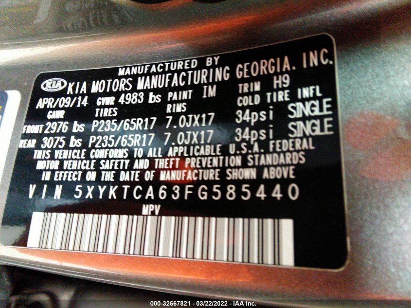 2015 KIA SORENTO LX 5XYKTCA63FG585440