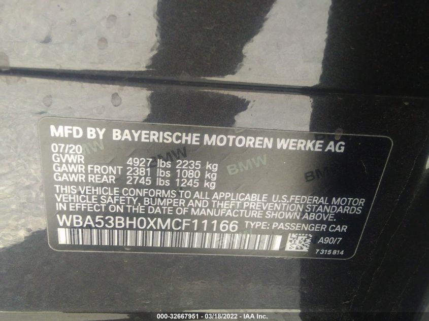2021 BMW 5 SERIES 530I WBA53BH0XMCF11166