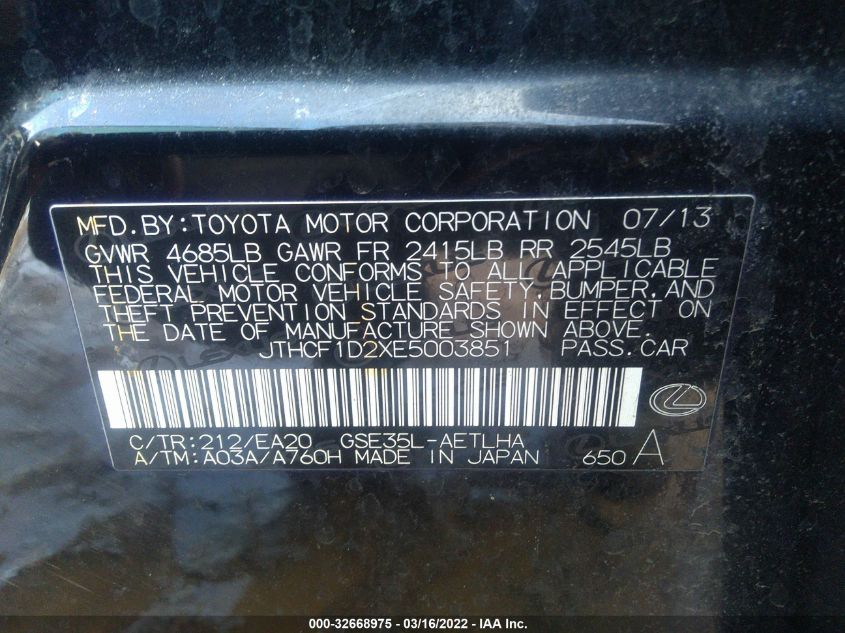 2014 LEXUS IS 250 JTHCF1D2XE5003851