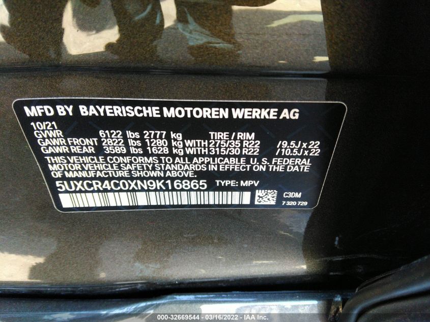 2022 BMW X5 SDRIVE40I 5UXCR4C0XN9K16865
