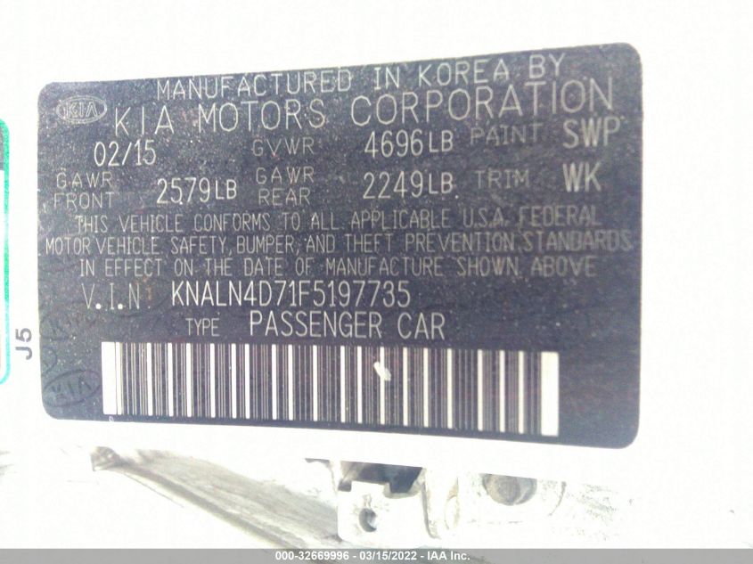 2015 KIA CADENZA PREMIUM KNALN4D71F5197735