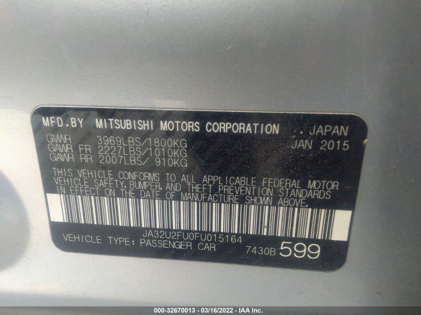 2015 MITSUBISHI LANCER ES JA32U2FU0FU015164
