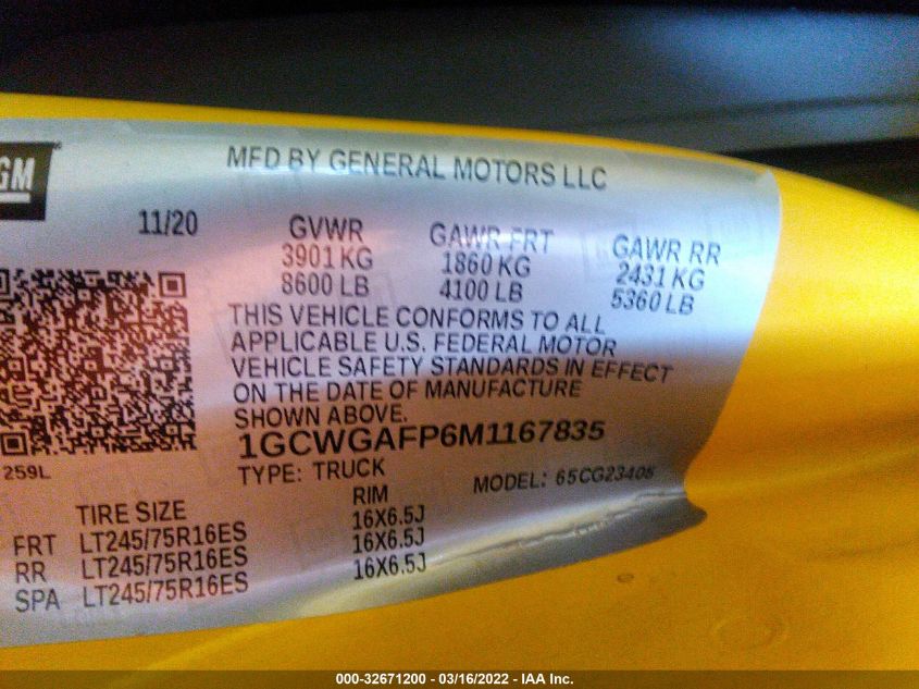 2021 CHEVROLET EXPRESS CARGO VAN 1GCWGAFP6M1167835