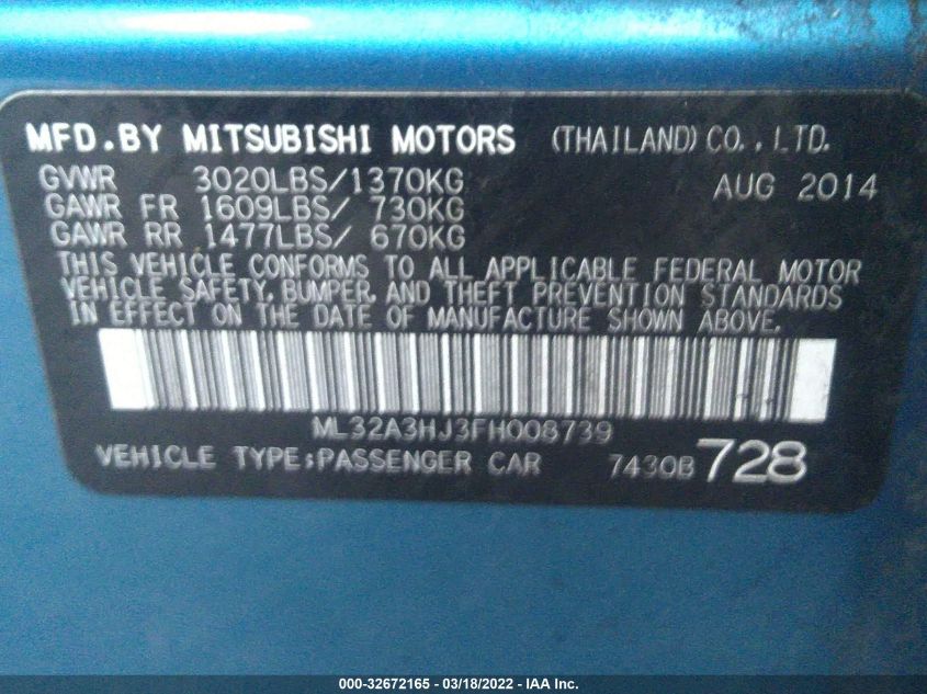 2015 MITSUBISHI MIRAGE DE/RF ML32A3HJ3FH008739