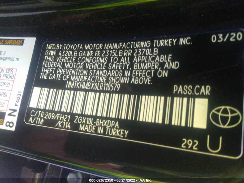 2020 TOYOTA C-HR LE/XLE/LIMITED NMTKHMBX0LR110579