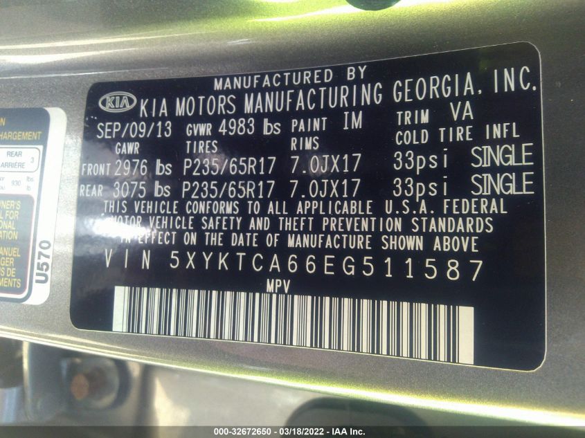 2014 KIA SORENTO LX 5XYKTCA66EG511587