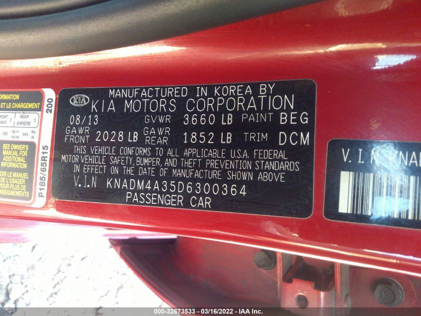 2013 KIA RIO LX KNADM4A35D6300364