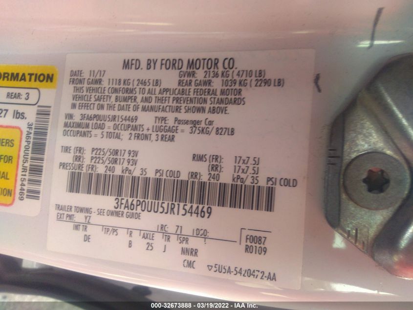 2018 FORD FUSION HYBRID S 3FA6P0UU5JR154469