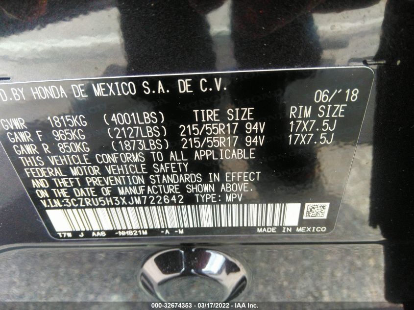 2018 HONDA HR-V LX 3CZRU5H3XJM722642