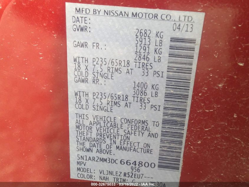 2013 NISSAN PATHFINDER SV 5N1AR2MM3DC664800