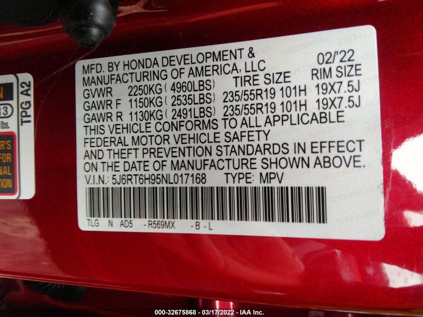 2022 HONDA CR-V HYBRID TOURING 5J6RT6H95NL017168